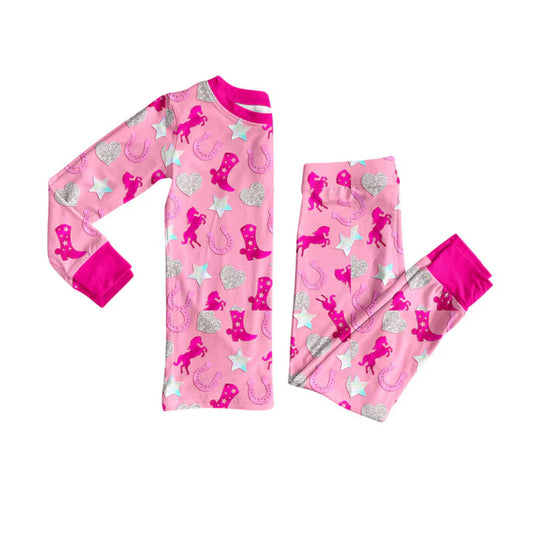 Preorder(moq 8)Baby Girls Horse Rodeos Hearts Top Pants Western Pajamas Sets 10.1