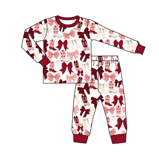 Preorder (moq 8)Baby Boys Pink Red Bows Heart Boots Top Pants Pajamas Sets 9.18