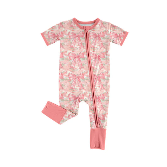 Preorder (moq 5)Baby Girls Short Sleeves Peach Camo Bows Zipper Pant Romper 6.13