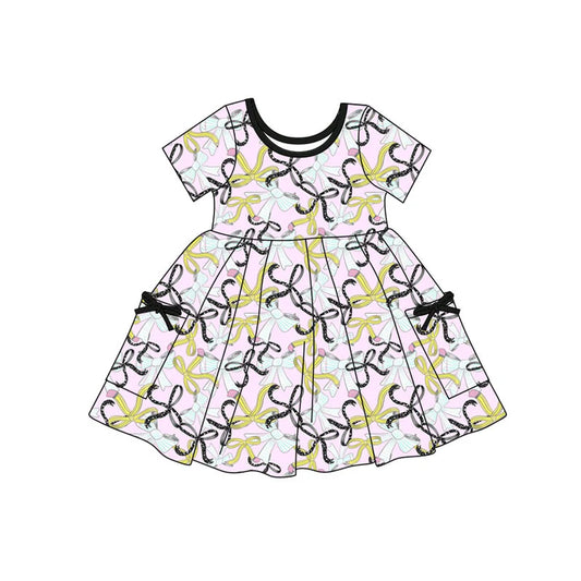 Preorder(moq 5) Baby Girls Pencil Bows Pockets Back to School Knee Length Dresses 11.7