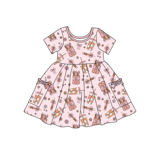 Preorder(moq 5) Baby Girls Pink Bows Pencils Pockets Back to School Knee Length Dresses 11.7