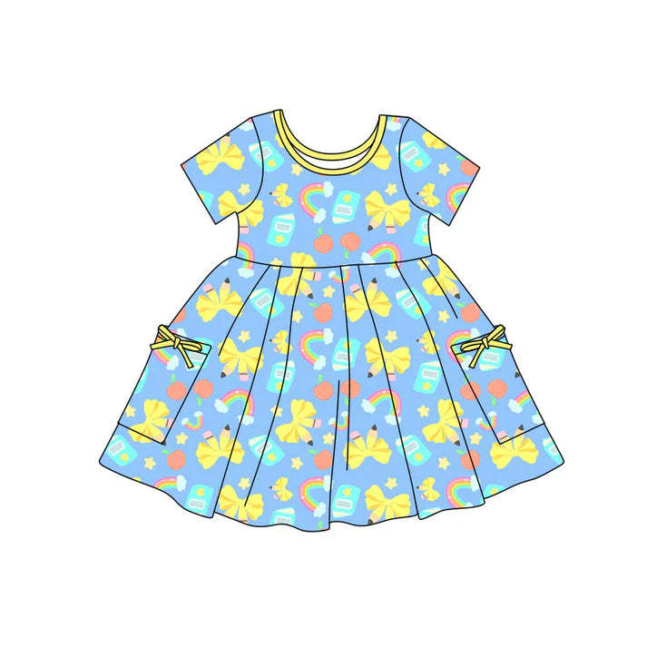 Preorder(moq 5) Baby Girls Bows Pencils Books Pockets Back to School Knee Length Dresses 11.7