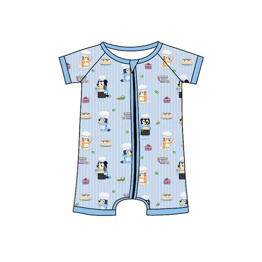 Preorder (moq 5)Baby Boys Blue Stripe Short Sleeves Cartoon Dogs Zipper Rompers 4.25