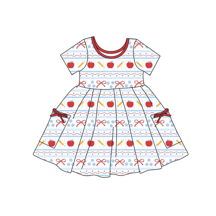Preorder(moq 5) Baby Girls Apples Pencils Stripe Pockets Back to School Knee Length Dresses 11.7