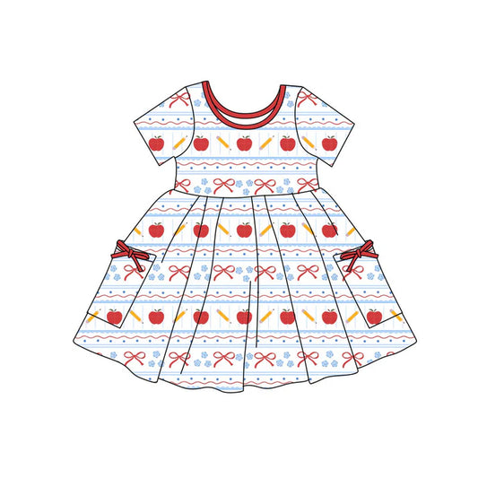 Preorder(moq 5) Baby Girls Apples Pencils Stripe Pockets Back to School Knee Length Dresses 11.7
