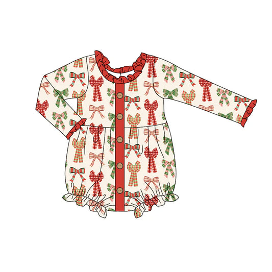 Preorder (moq 5)Baby Girls Long Ruffle Sleeves Green Red Plaid Bows Button Rompers 5.28