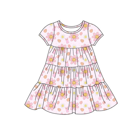 Preorder(moq 5) Baby Girls Rabbits Flowers Easter Patchwork Ruffle Knee Length Dresses 11.7