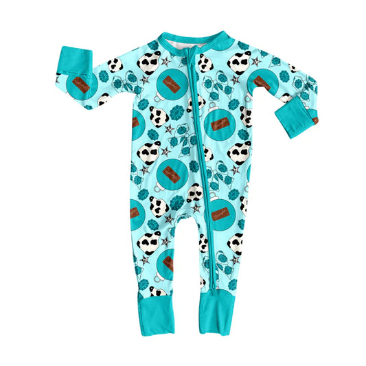 preorder(moq 5)Baby Infant Boys Long Sleeves Cow Print Turquoise Bows Zipper Rompers 7.31