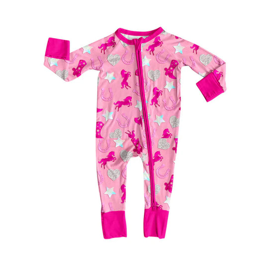 Preorder (moq 8)Baby Girls Horse Rodeos Hearts Western Zipper Footie Rompers 10.1