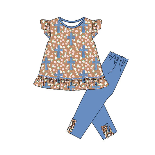 Preorder (moq 8)Baby Girls Flowers Crosses Tunic Leggings Easter Clothes Sets 9.16