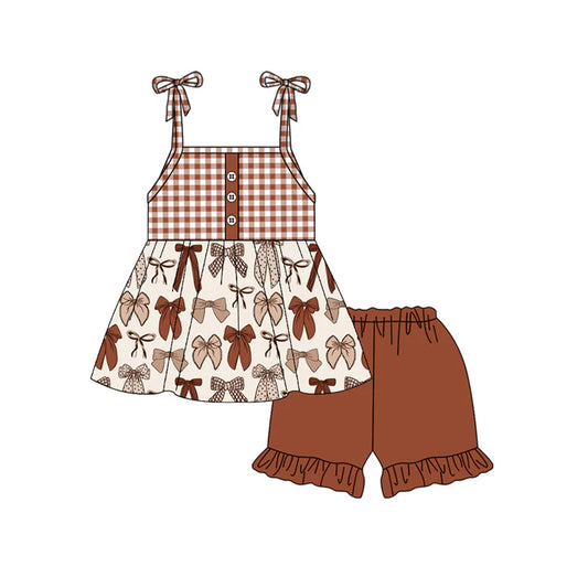 Preorder moq 5 Baby Girls Strap Button Brown Bows Tunic Ruffle Short Set 4.19