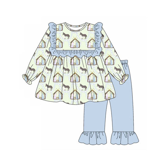 Preorder (moq 5)Baby Girls Long Sleeves Blue Donkey Jesus Plaid Tunic Ruffle Pant Set 5.20