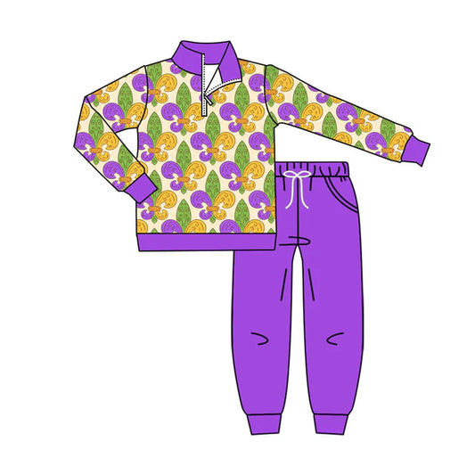 Preorder (moq 8)Baby Boys Anchors Zipper Pullover Pockets Jogger Mardigras Clothes Sets 9.10