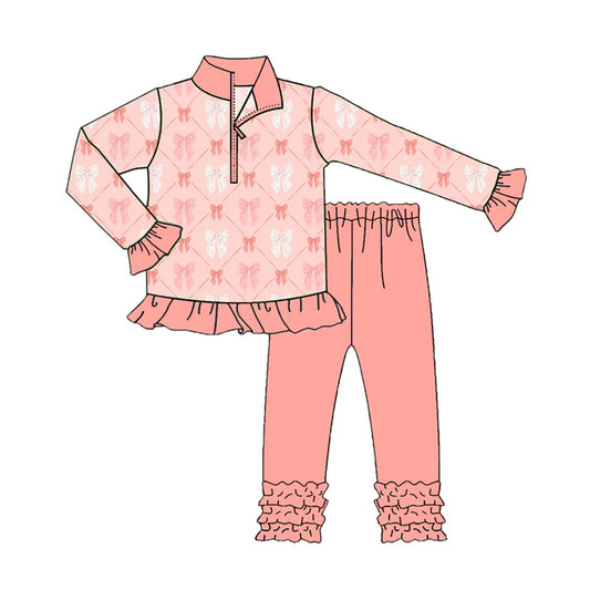 Preorder(moq 5) Baby Girls Coral Pink Bows Zip Pullover Top Legging Boutique Outfits Sets 8.14