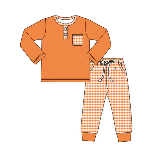 Preorder (moq 5)Baby Boys Orange Long Sleeves Button Pocket Top Stripes Legging Pant Set 5.27