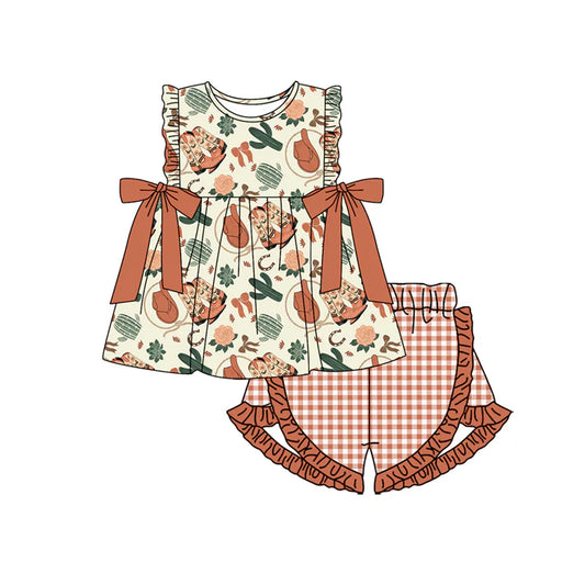 Preorder moq 5 Baby Girls Sleeveless Hats Cactus Tunic Khaki Plaid Ruffle Short Set 4.19