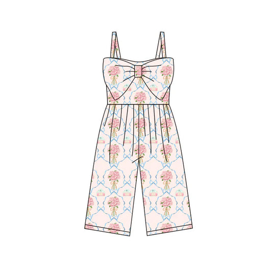 Preorder (moq 5)Baby Girls Pink Strap Bows Flowers Checked Pants Jumpsuits 11.28