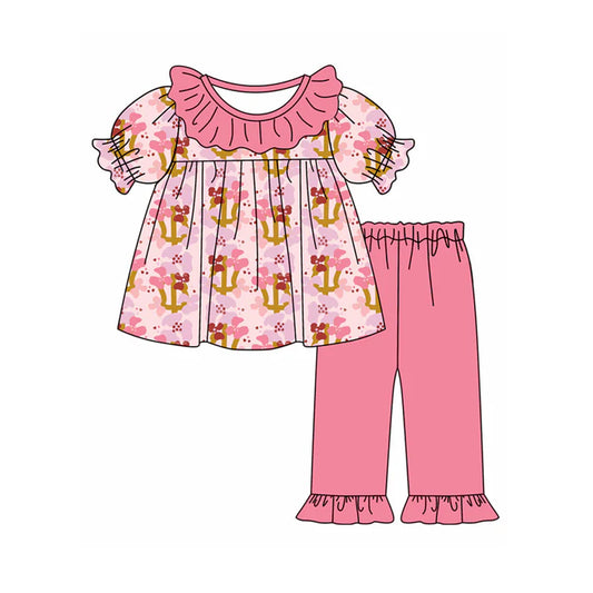 Preorder moq 5 Baby Girls Pink Short Sleeves Floral Plaid Tunic Ruffle Pant Set 5.8