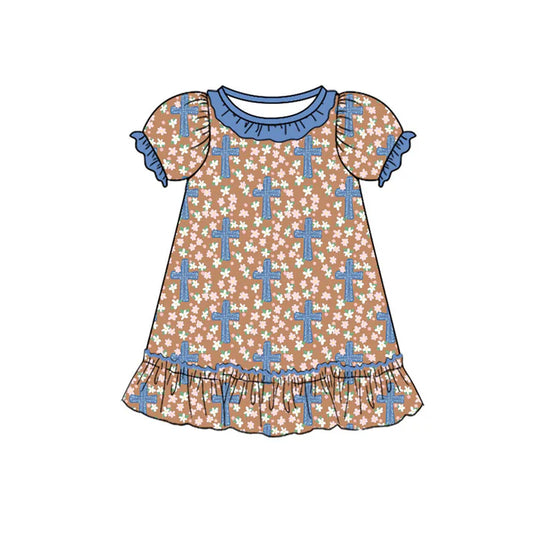 Preorder (moq 8)Baby Girls Flowers Crosses Easter Ruffle Knee Length Dresses 9.16