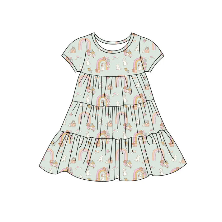 Preorder(moq 5) Baby Girls Rabbits Rainbows Easter Patchwork Ruffle Knee Length Dresses 11.7