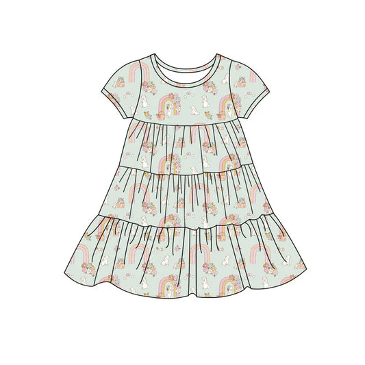 Preorder(moq 5) Baby Girls Rabbits Rainbows Easter Patchwork Ruffle Knee Length Dresses 11.7