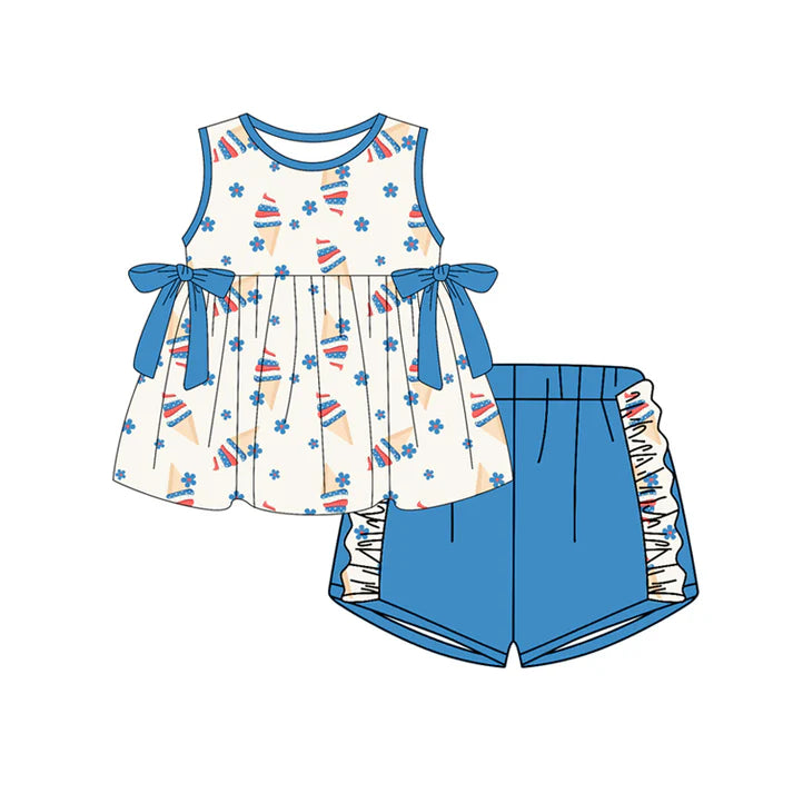 Preorder (moq 5)Baby Girls Flowers Ice Creams Tunic Ruffle Shorts 4th of July Clothes Set 12.30