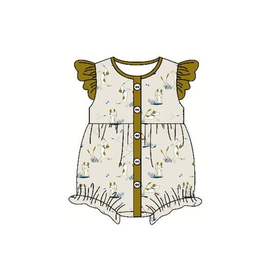 Preorder(moq 5)Baby Infant Girls Flutter Sleeves Button Dogs Bees Ruffle Rompers 5.15