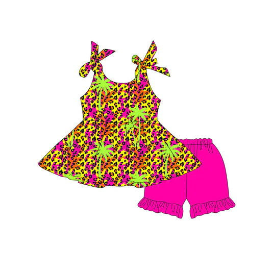 Preorder moq 5 Baby Girls Strap Colorful Leopard Beach Tunic Hot Pink Ruffle Short Set 4.19
