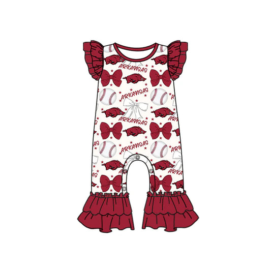 Preorder (moq 5)Baby Girls Dark Red Flutter Sleeves Baseball Bows Arkansas Ruffle Pant Team Rompers 6.16