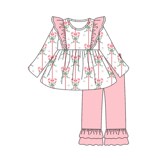 Preorder (moq 5)Baby Girls Long Sleeves Bows Candy Cane Stripe Tunic Ruffle Pant Set 6.18