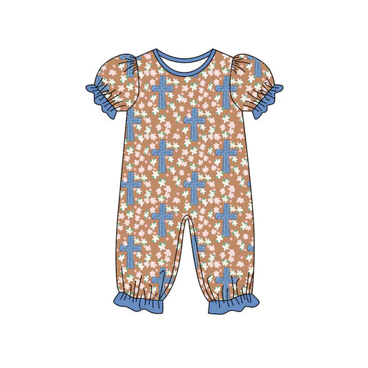 Preorder (moq 8)Baby Girls Flowers Crosses Easter Ruffle Footie Rompers 9.16