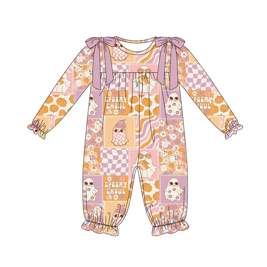 Preorder (moq 5)Baby Girls Long Sleeves Ghosts Pumpkins Plaid Ruffle Pant Romper 7.7