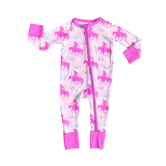 Preorder (moq 8)Baby Girls Horse Rodeos Hats Western Zipper Footie Rompers 10.1