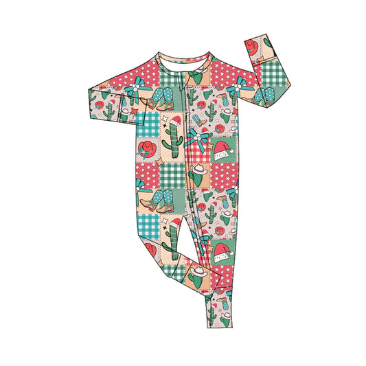 Preorder (moq 5)Baby Girls Long Sleeves Bows Boots Cactus Plaid Zipper Pant Romper 6.13