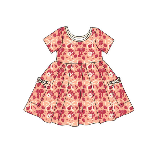 Preorder(moq 5) Baby Girls Bows Strawberry Pockets Knee Length Dresses 11.12