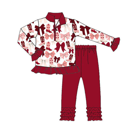 Preorder (moq 5)Baby Girls Red Pink Bows Boots Zipper Pullover Valentine Ruffle Leggings Clothes Sets 9.3