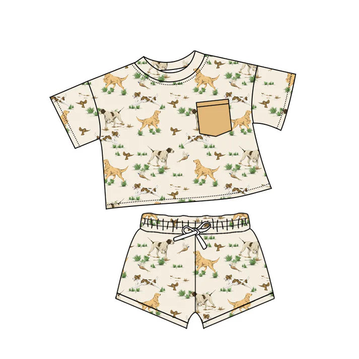 Preorder(moq 5) Baby Boys Ducks Dogs Plaid Pockets Top Shorts Clothes Sets 10.18