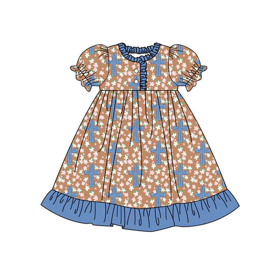 Preorder (moq 8)Baby Girls Flowers Crosses Easter Button Ruffle Knee Length Dresses 9.16