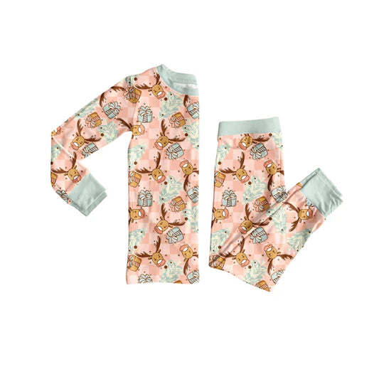 Preorder (moq 5)Baby Girls Long Sleeves Deer Trees Plaid Top Pant Pajamas Sets 6.23