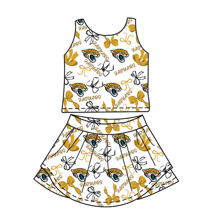 Preorder (moq 5)Baby Girls Sleeveless Eaguars Bows Plaid Top Skorts Team Set 6.30