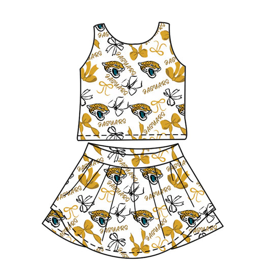 Preorder (moq 5)Baby Girls Sleeveless Eaguars Bows Plaid Top Skorts Team Set 6.30
