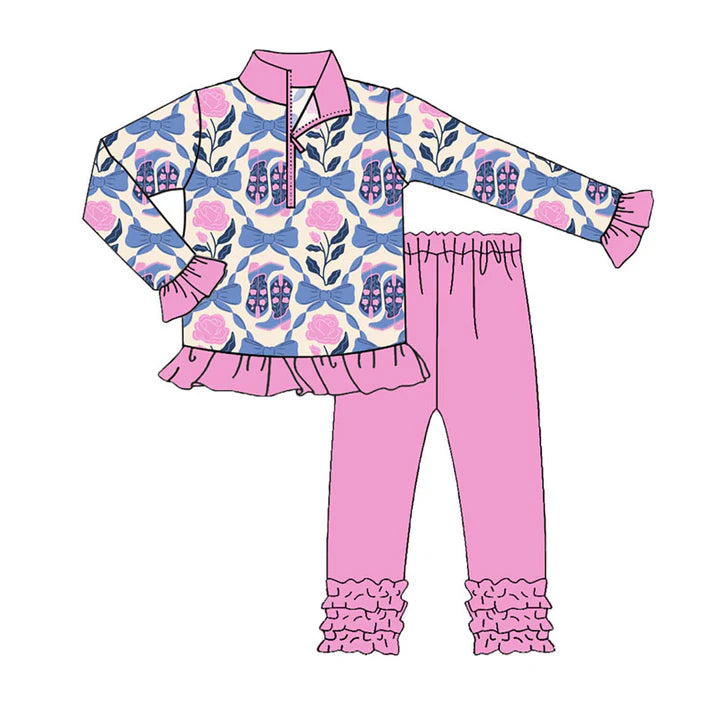 Preorder (moq 8)Baby Girls Pink Blue Flowers Bows Boots Zipper Pullover Ruffle Leggings Clothes Sets 9.22