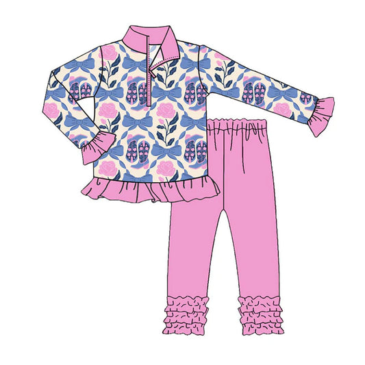 Preorder (moq 8)Baby Girls Pink Blue Flowers Bows Boots Zipper Pullover Ruffle Leggings Clothes Sets 9.22