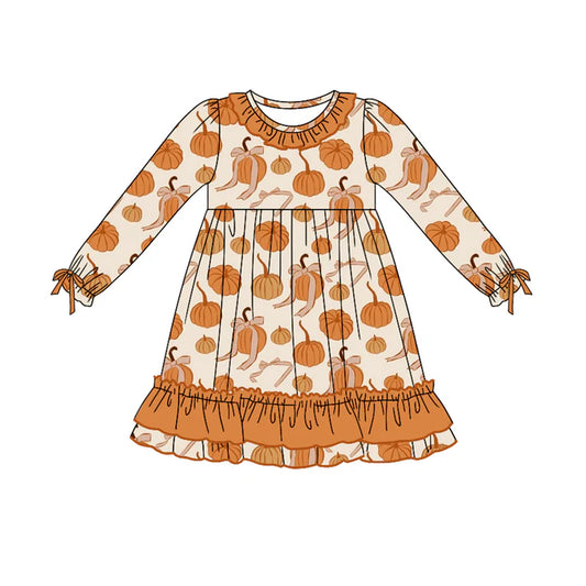 Preorder moq 5 Baby Girls Long Ruffle Sleeves Bows Pumpkins Knee Length Dresses 5.7