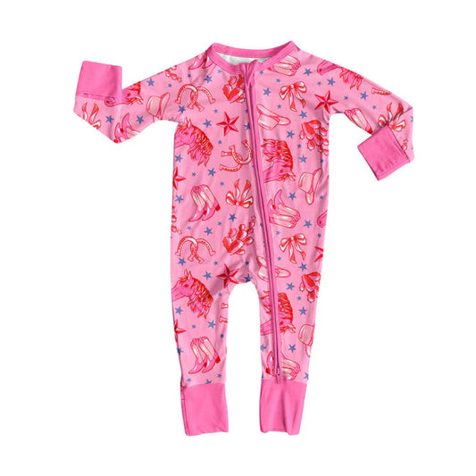 Preorder (moq 8)Baby Girls Pink Hats Boots Horses Western Zipper Footie Rompers 10.1