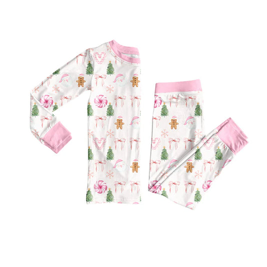 Preorder (moq 5)Baby Girls Long Sleeves Pink Bows Gingerbread Top Pant Pajamas Set 6.18