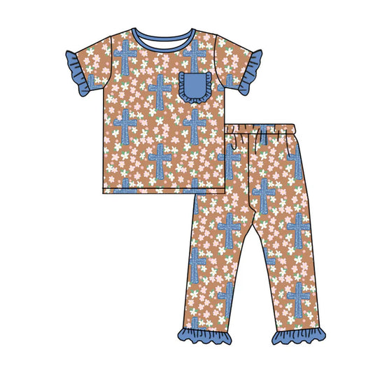 Preorder (moq 8)Baby Girls Flowers Crosses Top Ruffle Pants Easter Pajamas Sets 9.16