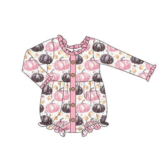 Preorder (moq 5)Baby Girls Pink Long Sleeves Pumpkins Leaves Button Ruffle Rompers 6.5