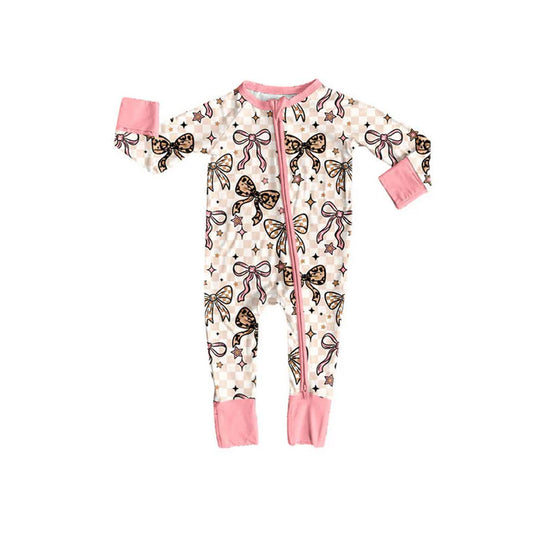 Preorder (moq 8)Baby Girls Bows Stars Checked Zipper Footie Rompers 9.8