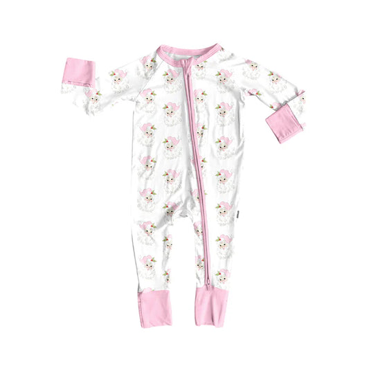 Preorder (moq 5)Baby Girls Long Sleeves Pink Santa Holly Plaid Zipper Romper 7.2